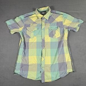Reverse Denim Shirt Mens Medium Multicolor Plaid Short Sleeve Pearl Snap